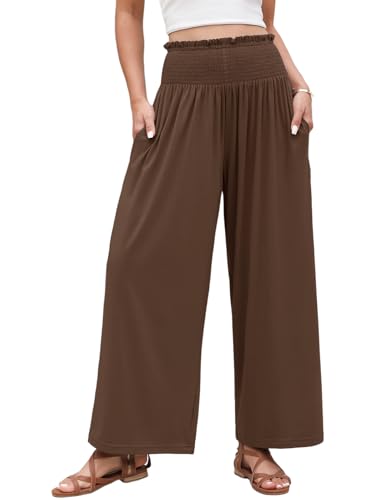 Voqeen Weite Hose Damen Sommer Lässige Sommer Hochtaillierte Breite Hosen für Damen Elastischer Taillen Baumwoll Palazzo Hose mit Taschen Lockere Passform Stoffhose Damen für den Urlaub von Voqeen
