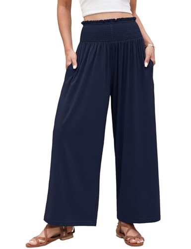 Voqeen Weite Hose Damen Sommer Lässige Sommer Hochtaillierte Breite Hosen für Damen Elastischer Taillen Palazzo Hose mit Taschen Lockere Passform Stoffhose Damen für den Urlaub von Voqeen