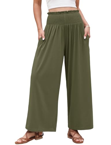 Voqeen Damen Sommer Hose Weite Palazzo Hose mit Taschen Elastischer Taillen Lockere Passform Stoffhose Damen für den Urlaub Grüne XL von Voqeen
