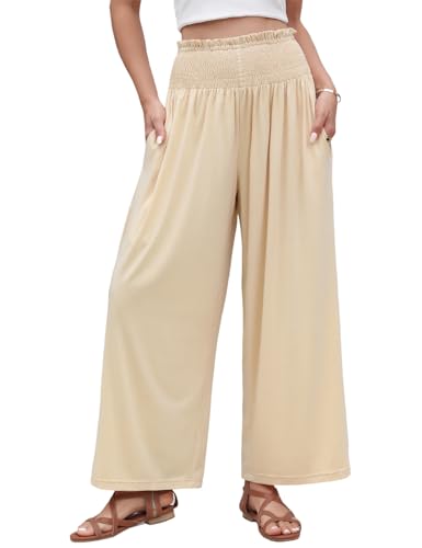 Voqeen Weite Hose Damen Sommer Lässige Sommer Hochtaillierte Breite Hosen für Damen Elastischer Taillen Palazzo Hose mit Taschen Lockere Passform Stoffhose Damen für den Urlaub von Voqeen