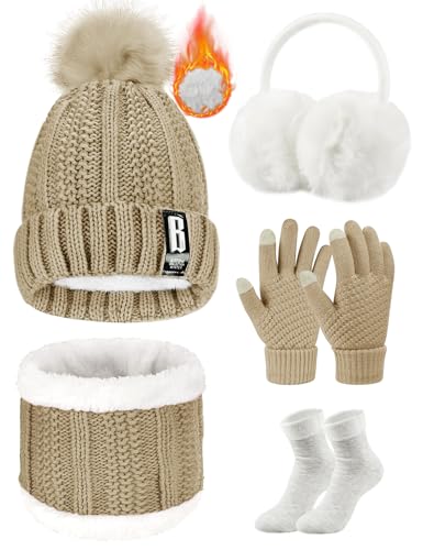 Voqeen Wintermütze Mütze Schal Handschuhe Set Damen Fleecefutter Strickmütze mit Pompon Touchscreen Handschuhe Weiche Wärmer Winter(Hellbraun) von Voqeen