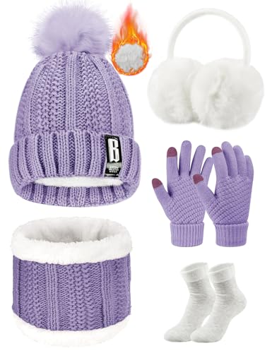 Voqeen Wintermütze Mütze Schal Handschuhe Set Damen Fleecefutter Strickmütze mit Pompon Touchscreen Handschuhe Weiche Wärmer Winter(Violett) von Voqeen