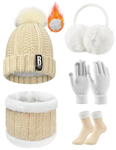 Voqeen Wintermütze Mütze Schal Handschuhe Set Damen Fleecefutter Strickmütze mit Pompon Touchscreen Handschuhe Weiche Wärmer Winter Ohrenschützer Socken Geschenke 5 Sets für Frauen (Beige) von Voqeen