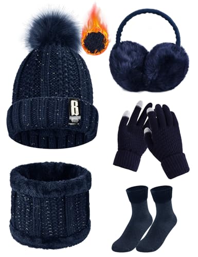 Voqeen Wintermütze Mütze Schal Handschuhe Set Damen Fleecefutter Strickmütze mit Pompon Touchscreen Handschuhe Weiche Wärmer Winter Ohrenschützer Socken Geschenke 5 Sets für Frauen (Navy Blau) von Voqeen