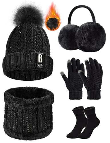 Voqeen Wintermütze Mütze Schal Handschuhe Set Damen Fleecefutter Strickmütze mit Pompon Touchscreen Handschuhe Weiche Wärmer Winter Ohrenschützer Socken Geschenke 5 Sets für Frauen (Schwarz) von Voqeen