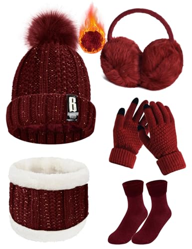 Voqeen Wintermütze Mütze Schal Handschuhe Set Damen Fleecefutter Strickmütze mit Pompon Touchscreen Handschuhe Weiche Wärmer Winter Ohrenschützer Socken Geschenke 5 Sets für Frauen (Weinrot) von Voqeen