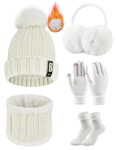 Voqeen Wintermütze Mütze Schal Handschuhe Set Damen Fleecefutter Strickmütze mit Pompon Touchscreen Handschuhe Weiche Wärmer Winter Ohrenschützer Socken Geschenke 5 Sets für Frauen (Weiß) von Voqeen