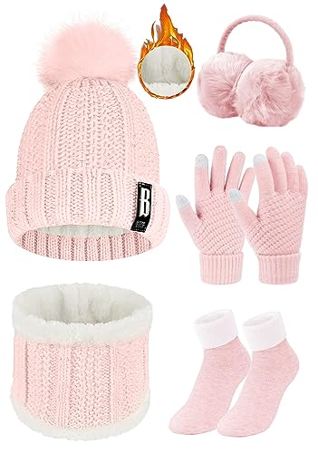 Voqeen Wintermütze Mütze Schal Handschuhe Set Damen Fleecefutter Strickmütze mit Pompon Touchscreen Handschuhe Weiche Wärmer Winter Ohrenschützer Socken Geschenke 5 Sets für Frauen von Voqeen