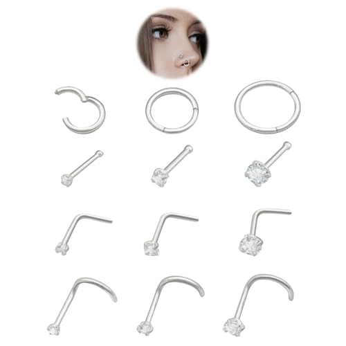 Vordpe 12 Stück Nasenpiercing, Chirurgenstahl Piercing Nase,Nasenstecker Nasenpiercing Damen Herren, 6/8/10MM Nasenpiercing Edelstahl 18/20G (Silber) von Vordpe