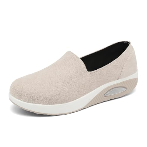 Vorgelen Damen Freizeitschuhe Slip On Sneakers Keilabsatz Walking Schuhe Leicht Plateau Turnschuhe Fitness Laufschuhe Atmungsaktive Straßenlaufschuhe 291 Beige 35 EU = 36 CN von Vorgelen