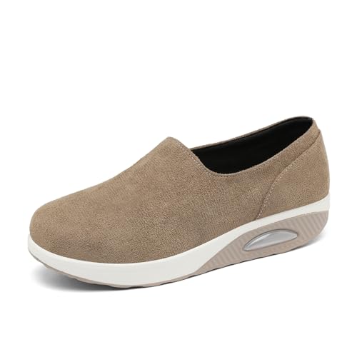 Vorgelen Damen Freizeitschuhe Slip On Sneakers Keilabsatz Walking Schuhe Leicht Plateau Turnschuhe Fitness Laufschuhe Atmungsaktive Straßenlaufschuhe 291 Braun 35 EU = 36 CN von Vorgelen