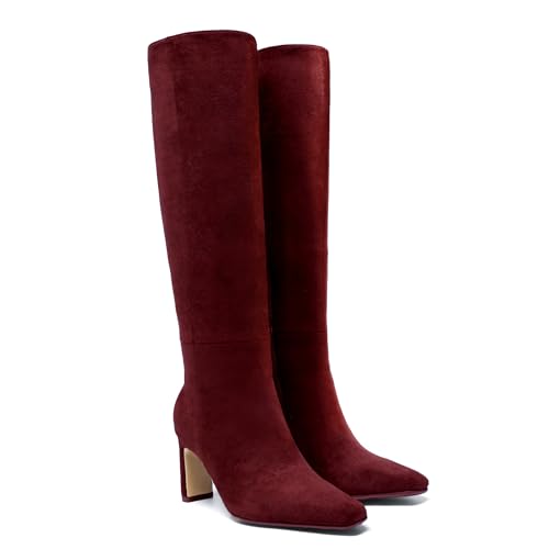 Kniehohe Stiefel für Damen, quadratischer Zehenbereich, breiter Absatz, Herbstkleid, elastisch, hohe Stiefel mit Reißverschluss, Burgunderrot, Sude-burgunderrot, 38 EU von VorisVina