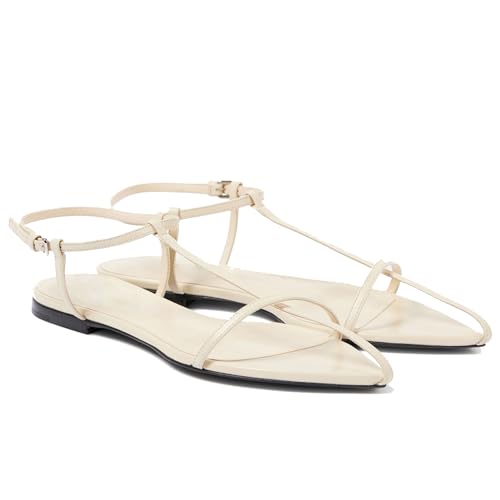 VorisVina Schwarze flache Sandalen für Damen, verstellbare Metallschnalle, Knöchelriemen, Pantoletten, bequem, spitz, offener Zehenbereich, Schlupfsandalen, Cremefarben, 41 EU von VorisVina