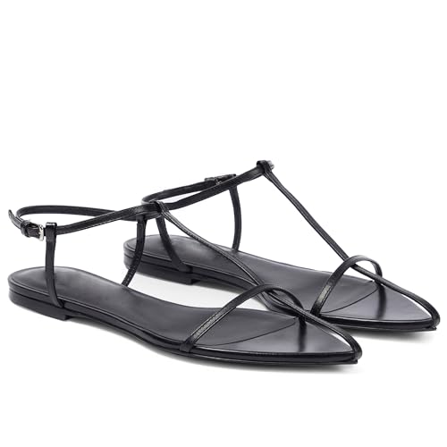 VorisVina Schwarze flache Sandalen für Damen, verstellbare Metallschnalle, Knöchelriemen, Pantoletten, bequem, spitz, offener Zehenbereich, Schlupfsandalen, Schwarz, 41 EU von VorisVina