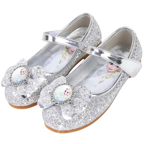 Vorkhuaeri Kinderschuh Prinzessin Schuhe ELSA Mädchen Flache Sportschuhe für Kinder Tanz Turnschuhe Prinzessin Kostüm Schuhe für Dress Up Party Cosplay (C2-Silver,28) von Vorkhuaeri