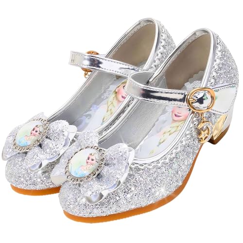 Vorkhuaeri Mädchen Prinzessin ELSA Schuhe Stöckelschuhe Kinder Glitzer Tanz Sneakers Prinzessin Kostüm Kinderschuhe für Dress Up Party Cosplay Hochzeit (D2-Silver,28) von Vorkhuaeri