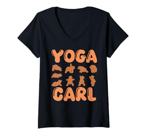 Damen Katze Yoga Carl T-Shirt mit V-Ausschnitt von Vorname Carl
