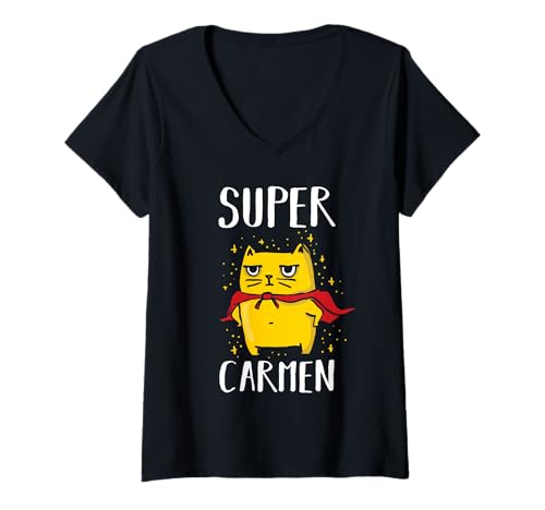 Damen Superheldin Katze Carmen T-Shirt mit V-Ausschnitt von Vorname Carmen