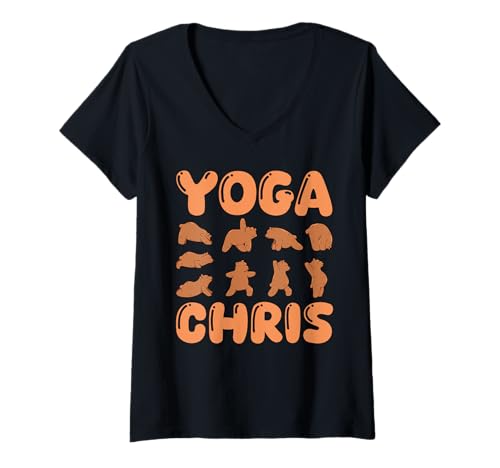 Damen Katze Yoga Chris Christopher Christian T-Shirt mit V-Ausschnitt von Vorname Christian Christopher Chris