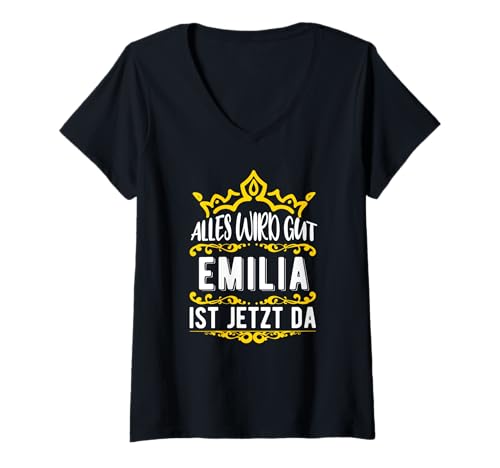 Damen Alles wird gut! Emilia ist jetzt da! Vorname Emilia T-Shirt mit V-Ausschnitt Damen Alles wird gut! Emilia ist jetzt da! Vorname Emilia T-Shirt mit V-Ausschnitt von Emilia Geschenk