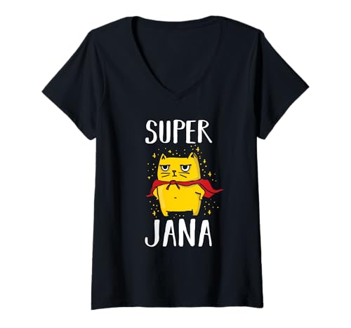 Damen Superheldin Katze Jana T-Shirt mit V-Ausschnitt von Vorname Jana