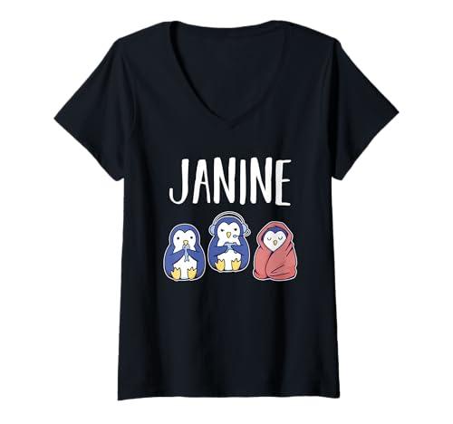 Damen Gamer Zocker Zocken Pinguin Gaming Janine T-Shirt mit V-Ausschnitt von Vorname Janine