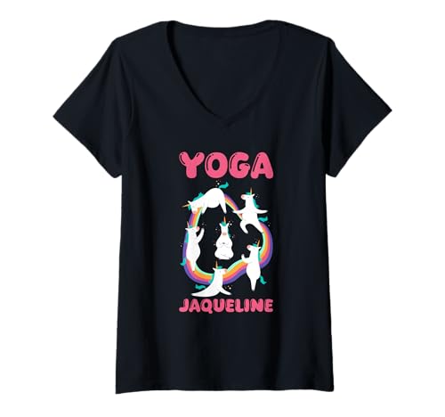 Damen Einhorn Yoga Jaqueline T-Shirt mit V-Ausschnitt von Vorname Jaqueline
