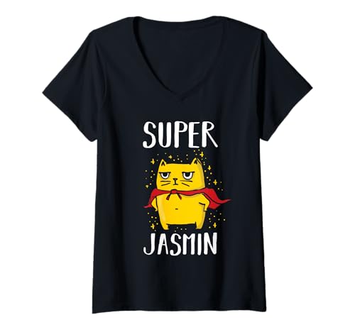 Damen Superheldin Katze Jasmin T-Shirt mit V-Ausschnitt Damen Superheldin Katze Jasmin T-Shirt mit V-Ausschnitt von Vorname Jasmin