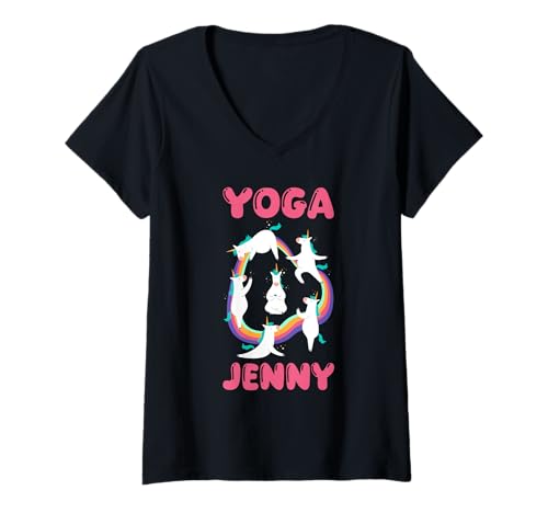 Damen Einhorn Yoga Jenny T-Shirt mit V-Ausschnitt Damen Einhorn Yoga Jenny T-Shirt mit V-Ausschnitt von Vorname Jennifer Jenny