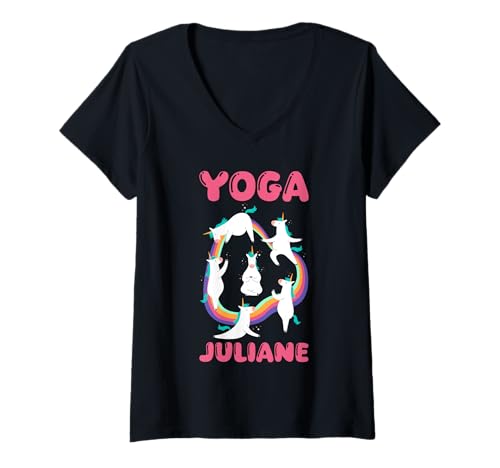Damen Einhorn Yoga Juliane T-Shirt mit V-Ausschnitt von Vorname Juliane