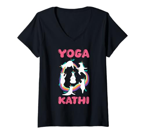 Damen Einhorn Yoga Kathi T-Shirt mit V-Ausschnitt von Vorname Kathi Katharina Katherine