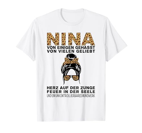 Vorname Nina Geschenk Damen T-Shirt Leopardenmuster Herz Crew-Kragen Kurzarm Weiß S von Nina Geschenk