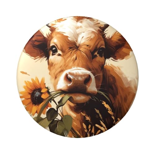 6 cm große, laminierte Pinback-Knöpfe mit lustiger Kuh-Sonnenblume, runde Abzeichen mit glänzender Oberfläche und sicherem Pinback von Vortithora