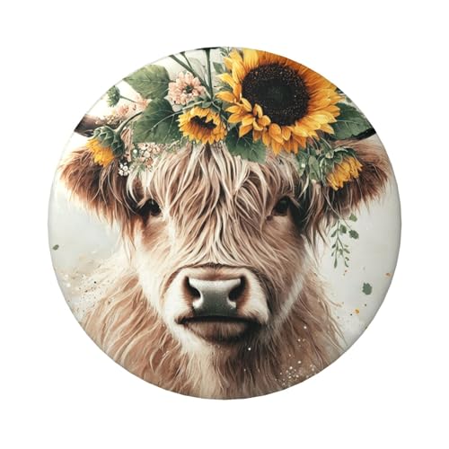 Laminierte Pinback-Knöpfe, Motiv: Hochlandkuh, Sonnenblume, 6 cm, 5 Stück, runde Abzeichen mit glänzender Oberfläche und sicherer Pinback von Vortithora