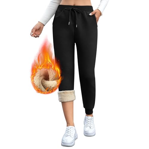 Gefütterte Jogginghose Damen Warm Thermo Winter Fleecehose, Flauschig Baumwolle Verdickte Thermohose Winterhose Freizeithose Kordelzug Sweathose mit Taschen L Leggings Schwarz von Vorvowry