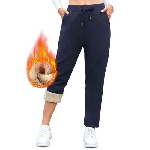 Gefütterte Jogginghose Damen Warm Thermo Winter Fleecehose, Flauschig Baumwolle Verdickte Thermohose Winterhose Freizeithose Kordelzug Sweathose mit Taschen L Marineblau mit Geradem Bein von Vorvowry