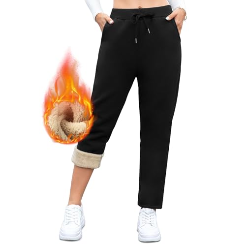 Gefütterte Jogginghose Damen Warm Thermo Winter Fleecehose, Flauschig Baumwolle Verdickte Thermohose Winterhose Freizeithose Kordelzug Sweathose mit Taschen M Gerades Bein Schwarz von Vorvowry