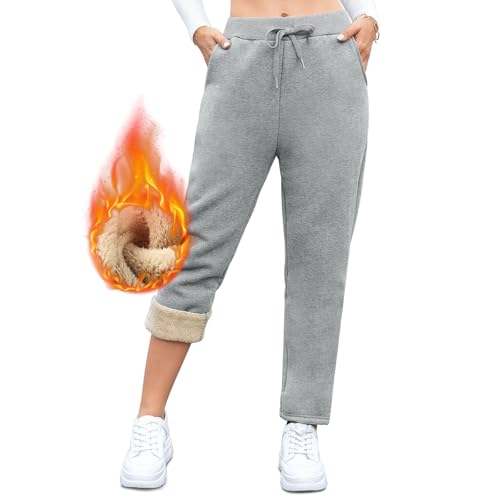 Gefütterte Jogginghose Damen Warm Thermo Winter Fleecehose, Flauschig Baumwolle Verdickte Thermohose Winterhose Freizeithose Kordelzug Sweathose mit Taschen S Hellgrau mit Geradem Bein von Vorvowry