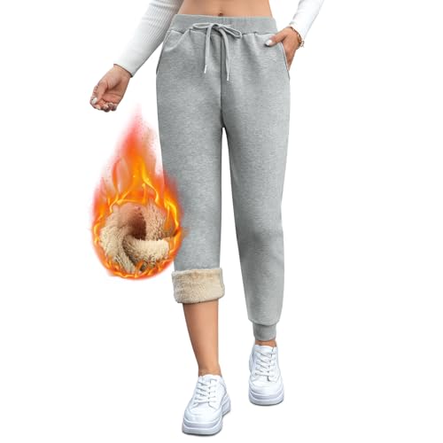 Gefütterte Jogginghose Damen Warm Thermo Winter Fleecehose, Flauschig Baumwolle Verdickte Thermohose Winterhose Freizeithose Kordelzug Sweathose mit Taschen S Leggings Hellgrau von Vorvowry