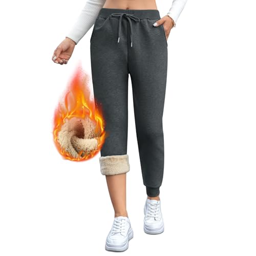 Gefütterte Jogginghose Damen Warm Thermo Winter Fleecehose, Flauschig Baumwolle Verdickte Thermohose Winterhose Freizeithose Kordelzug Sweathose mit Taschen XL Leggings Dunkelgrau von Vorvowry