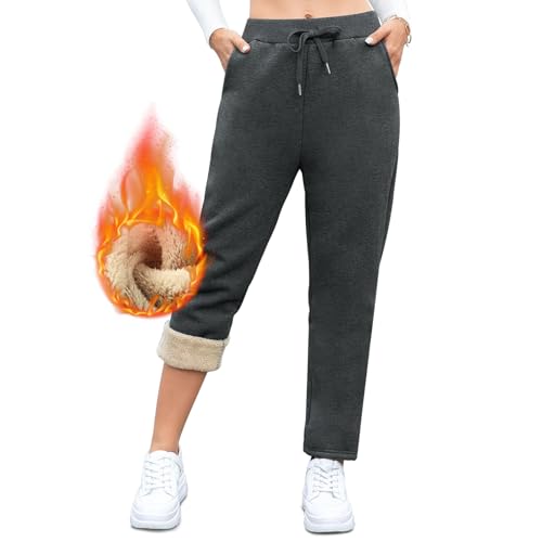 Gefütterte Jogginghose Damen Warm Thermo Winter Fleecehose, Flauschig Baumwolle Verdickte Thermohose Winterhose Freizeithose Kordelzug Sweathose mit Taschen XXL Gerades Bein Dunkelgrau von Vorvowry