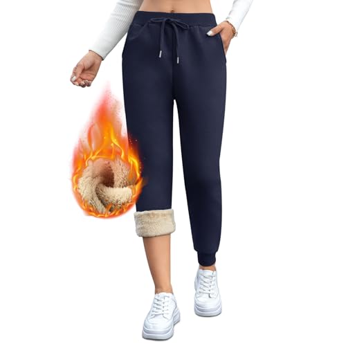 Gefütterte Jogginghose Damen Warm Thermo Winter Fleecehose, Flauschig Baumwolle Verdickte Thermohose Winterhose Freizeithose Kordelzug Sweathose mit Taschen XXL Leggings Marineblau von Vorvowry