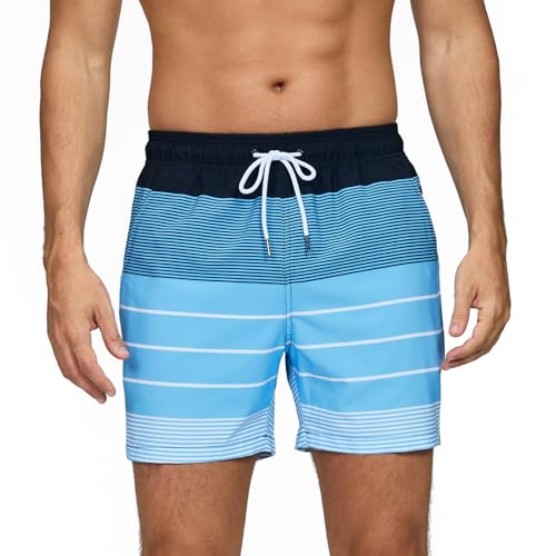 Vorvowry Badehose Herren Badehosen Schnelltrocknend Schwimmhose Atmungsaktiv Badeshorts mit Meshfutter und Versteckte Reißverschlusstasche Bademode Männer Boardshorts Blaue Weiße Streifen S von Vorvowry