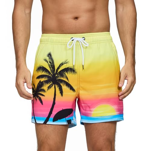 Vorvowry Badehose Herren Badehosen Schnelltrocknend Schwimmhose Atmungsaktiv Badeshorts mit Meshfutter und Versteckte Reißverschlusstasche Bademode Männer Boardshorts Gelber Kokosnussbaum M von Vorvowry