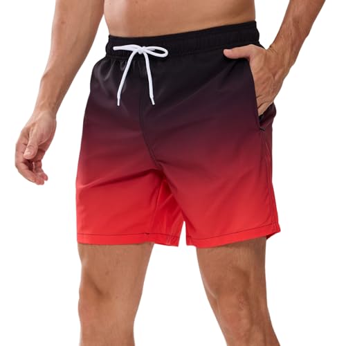 Vorvowry Badeshorts Herren Wasserdicht Schnelltrocknend Schwimmhose, Bequem Verstellbarem Tunnelzug Badehose Männer, Mode Bademode für Herren mit Reißverschlusstasche XL Schwarz Rot von Vorvowry