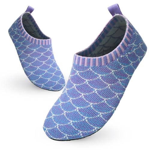 Vorvowry Hausschuhe Kinder Mädchen Junge Rutschfest Kindergarten Pantoffeln Weich Leicht Turnschläppchen Lauflernschuhe Kleinkinder Barfussschuhe Slippers Dunkelviolette Fischschuppen 32-33 von Vorvowry