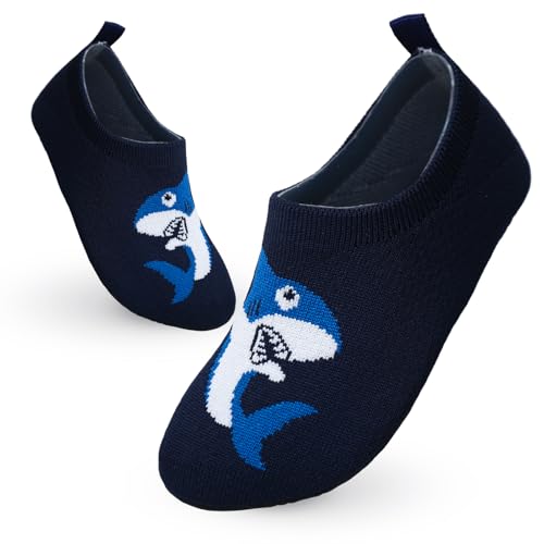 Vorvowry Hausschuhe Kinder Mädchen Junge Rutschfest Kindergarten Pantoffeln Weich Leicht Turnschläppchen Lauflernschuhe Kleinkinder Barfussschuhe Slippers Marineblauer Hai 22-23 von Vorvowry