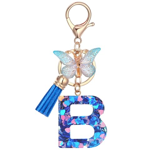 Vorysum Blau Schlüsselanhänger Mädchen Schlüssel Gold Schlüsselringe Herzförmig Buchstabe Anhänger Quaste Schmetterling Mit Anfangsbuchstaben Schlüsselanhänger Personalisiert Keychain Geschenk（B） von Vorysum