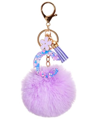 Vorysum Lila Haarball Schlüsselanhänger Mädchen Schlüssel Gold Schlüsselringe Blumen Buchstabe Anhänger Quaste Mit Anfangsbuchstaben Schlüsselanhänger Personalisiert Kinder Keychain Geschenk（C） von Vorysum