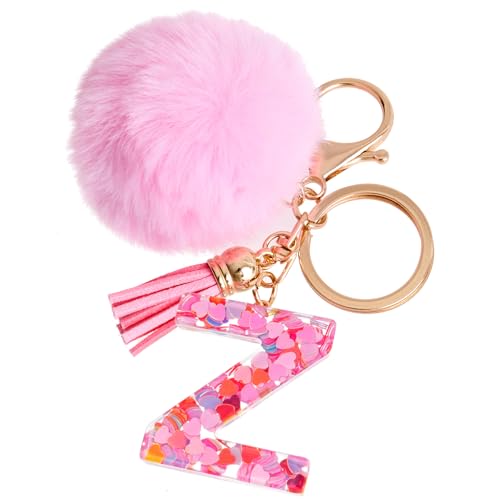 Vorysum Rosa Haarball Schlüsselanhänger Kinder Schlüssel Gold Schlüsselringe Herzförmig Buchstabe Anhänger Quaste Mit Anfangsbuchstaben Schlüsselanhänger Personalisiert Mädchen Keychain Geschenk（Z） von Vorysum
